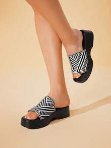 HighSole Giày sandal đế xuồng và đế cao thời trang mùa hè dành cho nữ - Đen và trắng - Xem 4