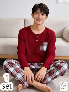 8Y-12Y Boys' Sleepwear Set, Red Solid Top & Plaid Pants, Comfortable Fabric - Red - View 1