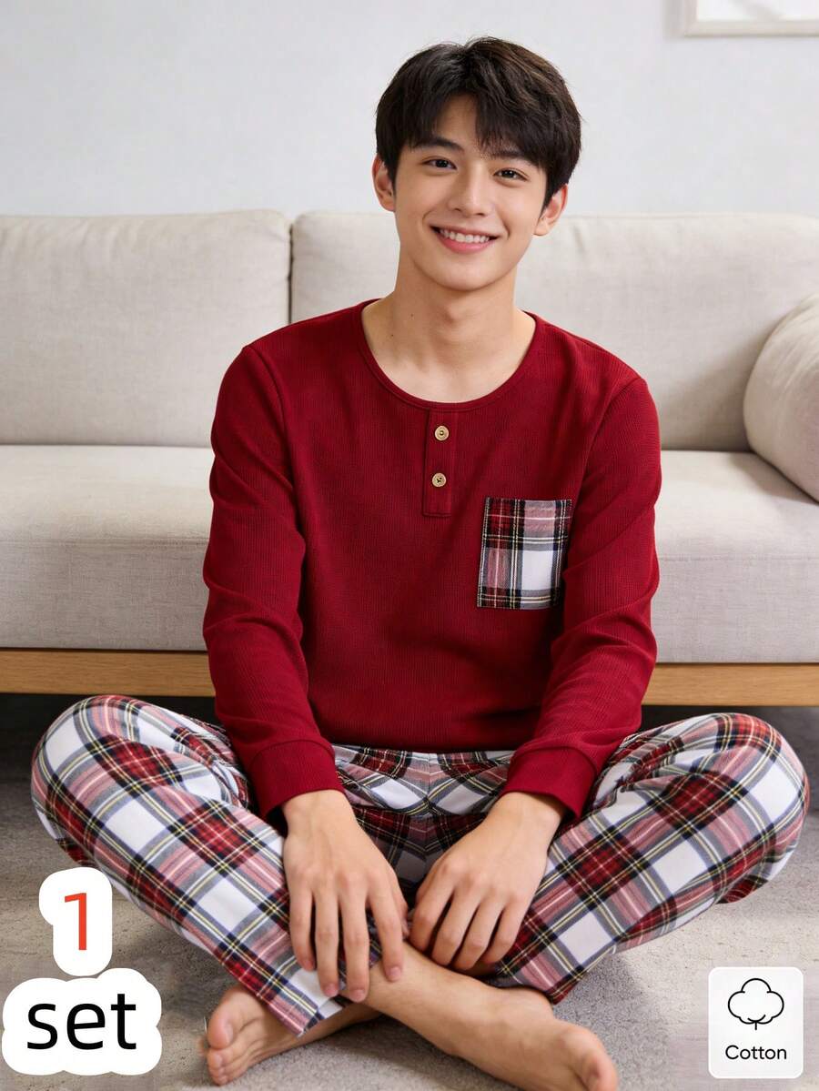 8Y-12Y Boys' Sleepwear Set, Red Solid Top & Plaid Pants, Comfortable Fabric - Red - View 1