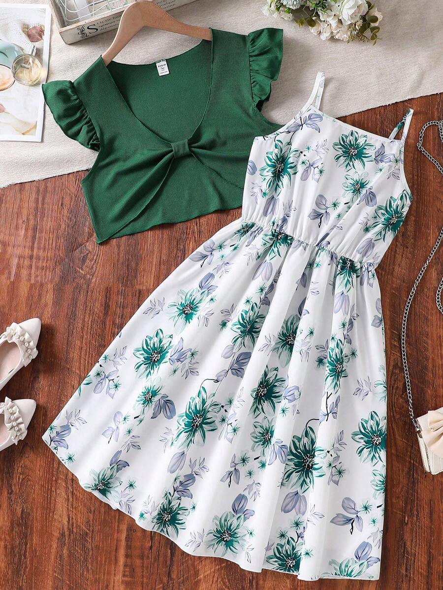 Sparklyn 少女两件套印花吊带背心和开衫连衣裙,夏季休闲装,假日,夏季,旅行 - 墨綠色 - 查看 1