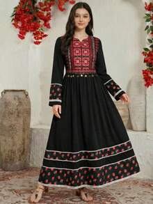 宽松优雅复古印花梭织面料衬衫，适合春、夏、秋季日常穿着、通勤、户外活动、聚会和拍照，适合少女穿着。 - 黑色 - 查看 5