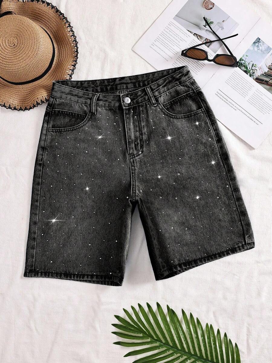 SHEIN 女士水钻装饰水洗直筒牛仔短裤 - 灰色 - 查看 1
