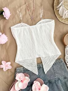 SHEIN Tween Girl Casual Minimalist Comfortable Cropped Asymmetric Hem Tube Top - Beige - View 2