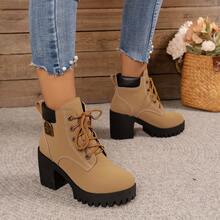 .Nuevos botines de tacón alto con adornos para otoño/invierno. Botas de mujer con tacón grueso, cordones y punta redonda.(Altura del tacón 7 cm) - Caqui - Ver 2