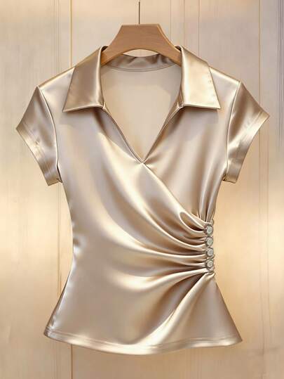 Franclia Solid Color Slimming V-Neck Wrap Short Sleeve Elegant Blouse For Women Satin Blouses For Women Gold Blouses For Women Satin Top Gold Shirts For Women Silk Tops For Women