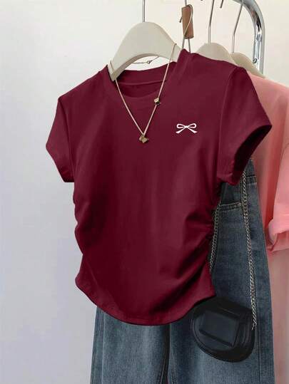 Resyla Women's Outdoor Casual Top, New Summer Design, Burgundy Color, Suitable For Outdoor Dates, Back To School Season, Fitted Ruched Waist T-Shirt With Butterfly Print