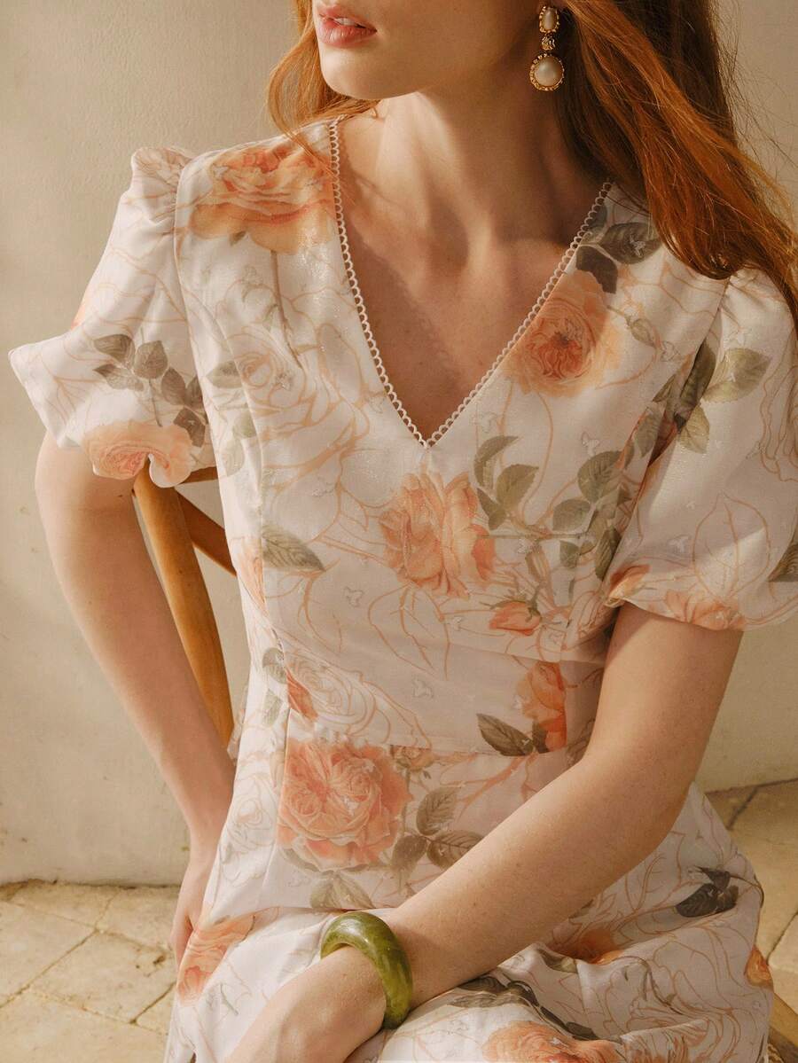 MOTF PREMIUM 女士碎花泡泡袖连衣裙 - 黃色 - 查看 2