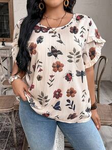 Breezaya 大码女式梭织印花休闲夏季衬衫 - 杏色 - 查看 5