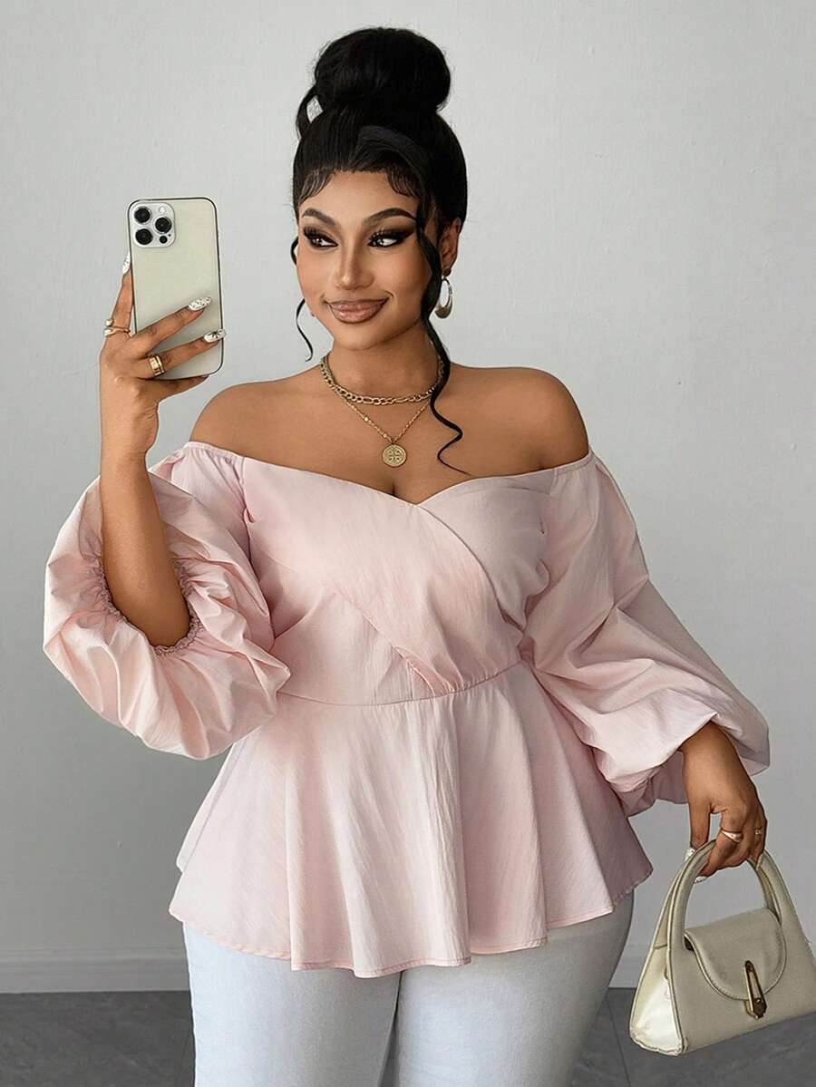 Maweii 大码甜美泡泡袖露肩收腰上衣 - 淺粉色 - 查看 1