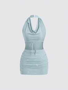 SHEIN PETITE Women's Short Turtleneck Backless Sequin Knit Bodycon Party Mini Dress - Baby Blue - View 2