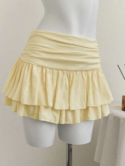 Elamini Beige Pleated High Waist Low Waist Double Layer Chiffon Skirt, Vacation Style Mini Skirt