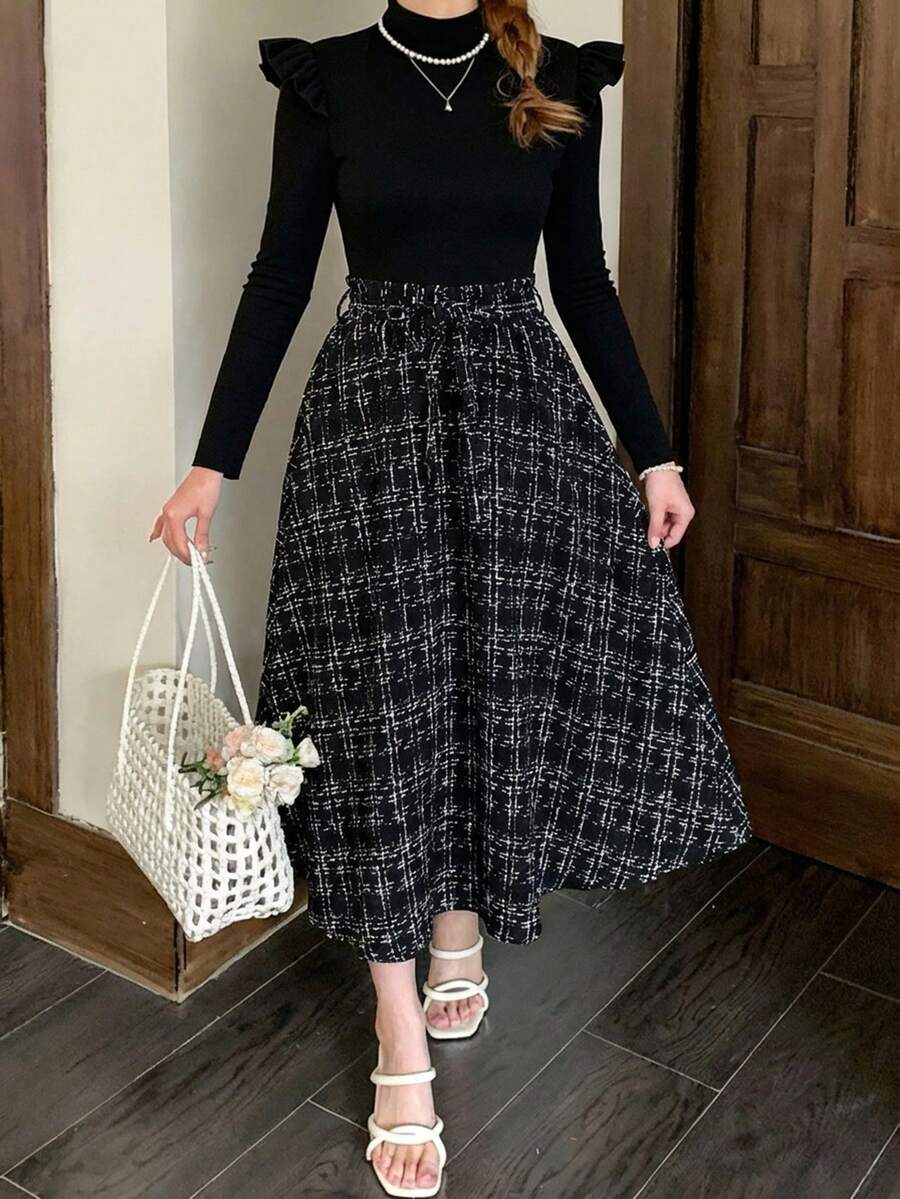 少女优雅通勤休闲泡泡袖条纹格纹中长连衣裙，系带细节，吊带裙，女童连衣裙，黑色女童连衣裙，荷叶边下摆女童连衣裙，返校季，春节，派对 - 黑色 - 查看 1