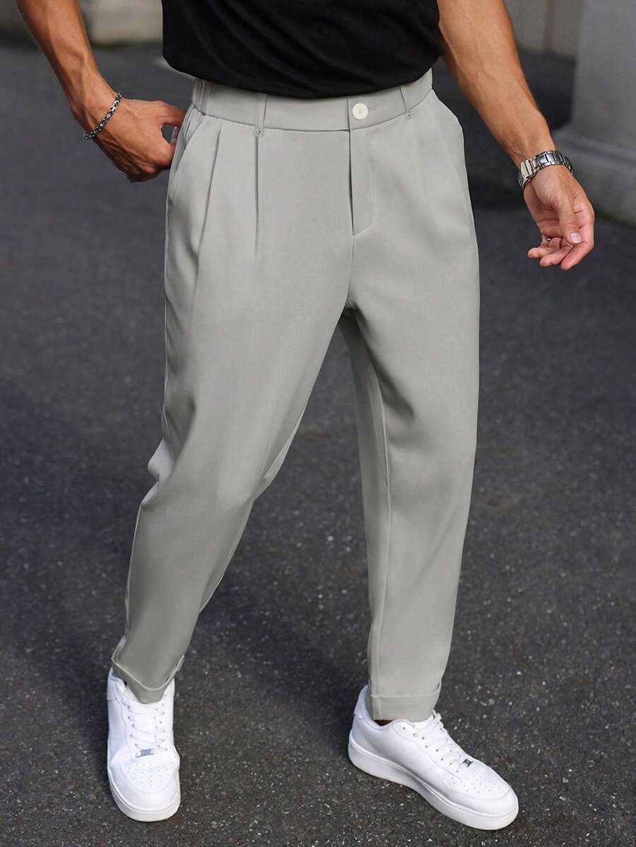 Manfinity Mode Manfinity Men Plus Size Suit Pants,Light Grey,Summer,Smart Casual,Office,Teachers' Day Formal Versatile Straight Leg Trousers,Waist Rivet Design Gift - Light Grey - View 1