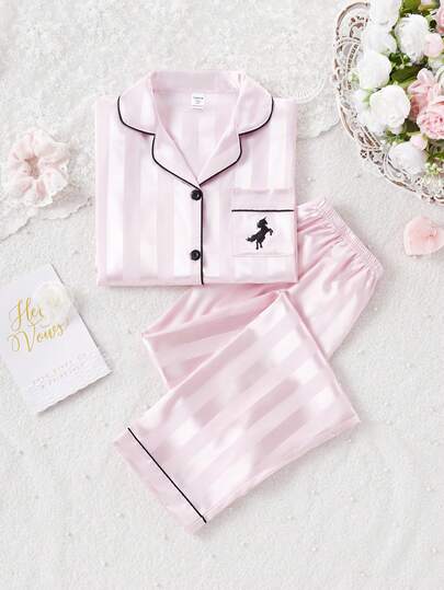 Conjunto de pijama elegante bordado con bolsillo para adolescentes, 2 piezas, color raíz de loto