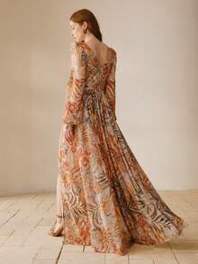 MOTF Soiréza 钻石领长灯笼袖及地雪纺派对礼服，修身剪裁，适合春秋季节