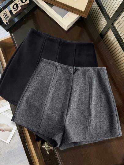 Franclia Pantalones cortos de mujer grises con pliegues frontales y centrales, versátiles y ajustados, para otoño/invierno