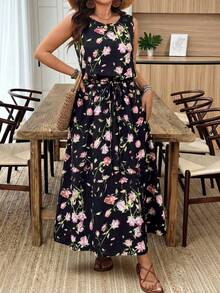 SHEIN LUNE Đầm không tay dáng rộng dành cho nữ, có dây rút ở eo, trang phục mùa hè cho nữ, ngày lễ Thánh Patrick, trang phục dự tiệc, lễ hội, kỳ nghỉ xuân, phong cách Boho. - Nhiều màu - Xem 5