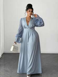 Maweii Mono de pierna ancha con mangas abullonadas elegante de talla grande - Azul - Ver 4
