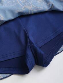 Sweetra Women's Blue Paisley Cashew Floral Print V-Neck Halter Backless Asymmetric Hem Cropped Top With Layered Ruffle Skirt And Side Tie, Sexy Boho Vacation Outfit. Spring/Summer. Perfect Summer Holiday Outfits. - Blue - View 4