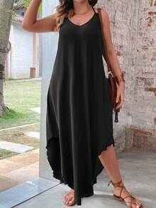 Breezaya Vestido maxi con camiseta de tirantes y dobladillo curvo, talla grande - Negro - Ver 4
