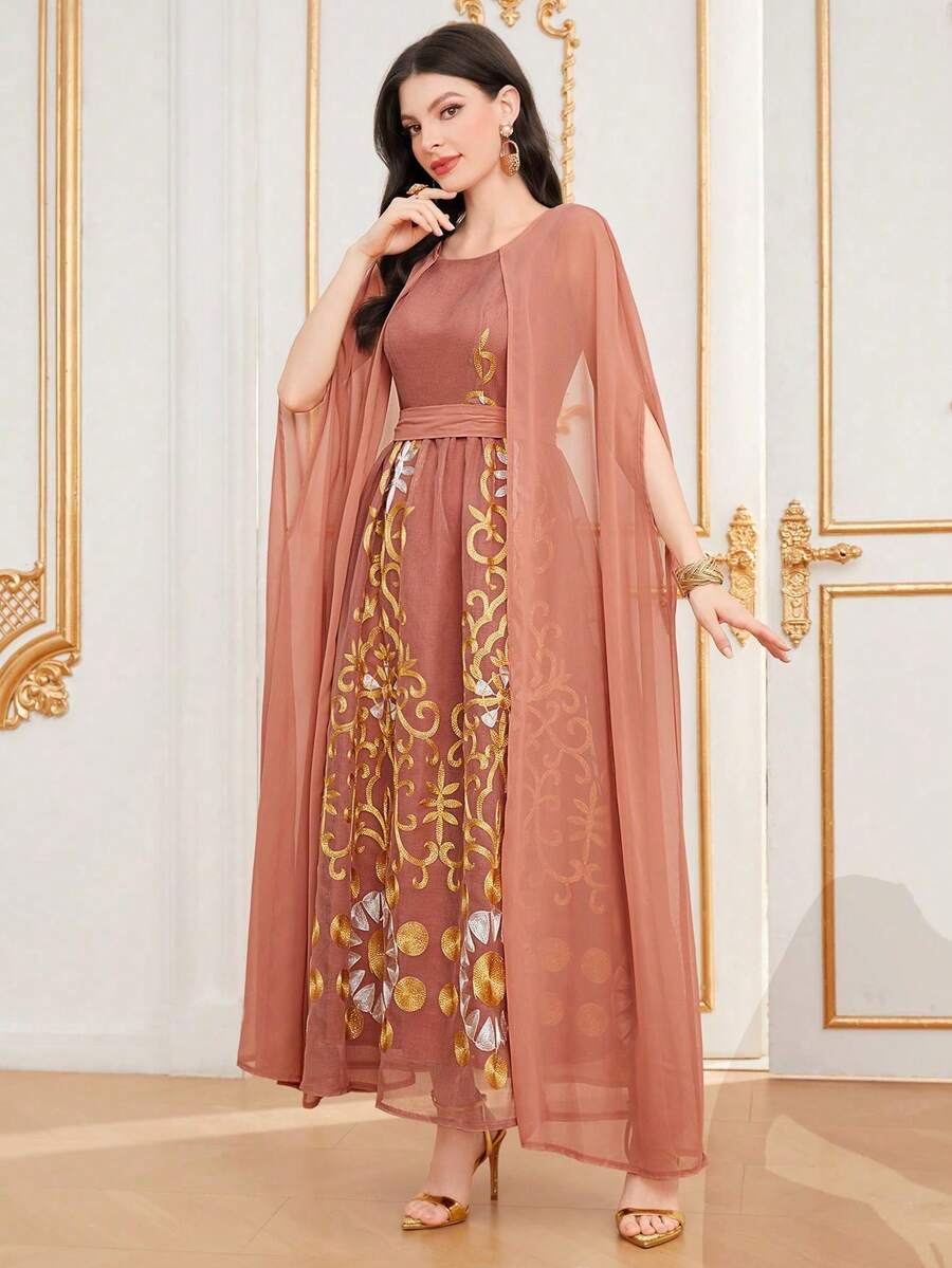 SHEIN Najma Elegant Embroidered Fabric Dress With Long Sleeves And Waist Cinching, Stylish And Flattering For Young Women - Pink - View 1