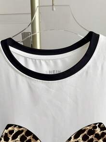 Franclia Women's Casual Leopard Print Bow Patchwork Round Neck T-Shirt, Summer - White - View 3