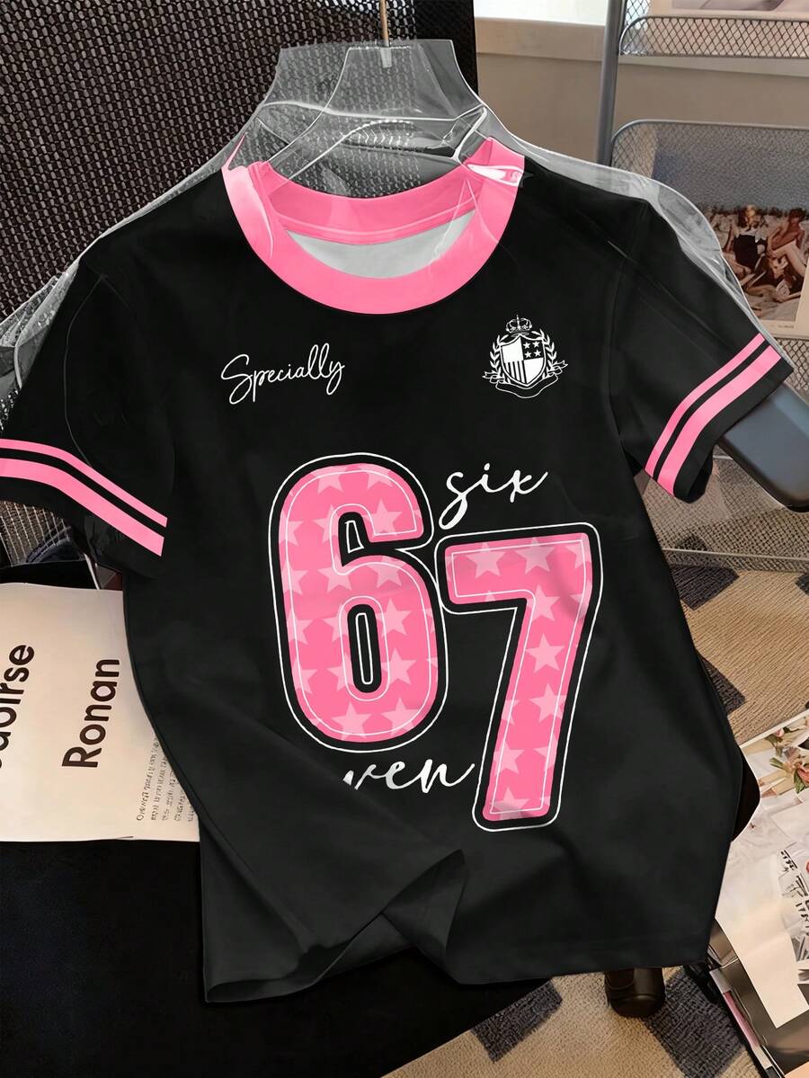 SHEIN 热销新品:女士黑粉撞色个性化短袖T恤,适合日常穿着、通勤和休闲外出。春夏百搭款式。 - 彩色 - 查看 1