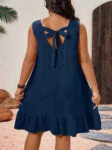 EMERY ROSE Gaun Pendek Wanita Ukuran Plus yang Lucu, Warna Biru Tua, Terbuat dari Kain Tenun, dengan Hem Bergelombang dan Simpul Pita di Bagian Belakang - Navy Blue - View 3