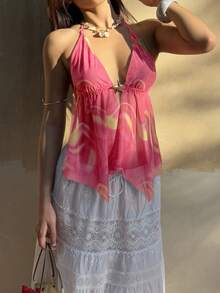 Sunnyshic Áo tank top cổ yếm in họa tiết tie-dye giản dị, thích hợp cho mùa hè. - Hồng - Xem 7