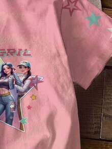 SHEIN 少女休闲复古字母数字徽章图案T恤，运动学院风短袖圆领T恤，适合夏季，基础款，轻松运动风，舒适休闲，字母T恤，休闲舒适，蓝白配色，秋季T恤，简约时尚，经典百搭 - 彩色 - 查看 4