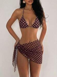 Swim Vcay 女士波点印花露背系带性感比基尼三件套，沙滩度假波点比基尼泳装套装，波点比基尼，波点泳衣，波点半身裙 - 彩色 - 查看 7