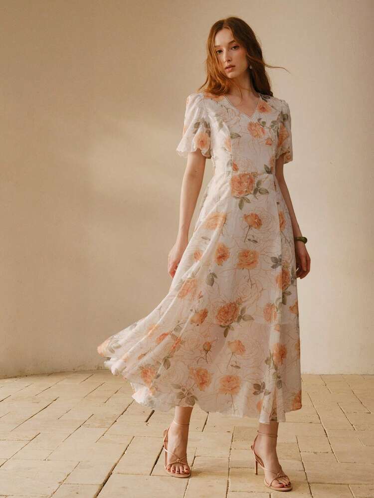 WOMEN'S FLORAL PRINT PUFF SLEEVE DRESS