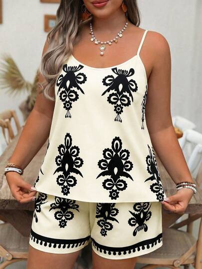 EMERY ROSE Plus Size Women Sleeveless Camisole Top & Loose Shorts Casual Vacation 2 Pieces Set Women's 2 Pieces Summer Outfits 2 Pieces Short Sets Woman Women's Short Sets Short Sets For Women Vacation Women Summer 2 Pieces Sets Women's 2 Pieces Summer Outfits 2 Pieces Short Sets Woman Women's Short Sets