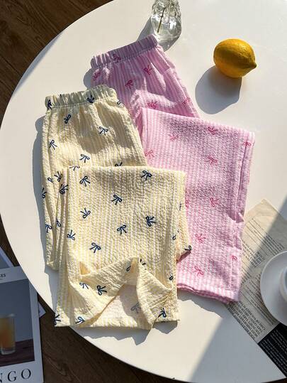 少女休闲蝴蝶结刺绣松紧腰条纹裤，简约基础款家居裤，适合春夏日常穿着