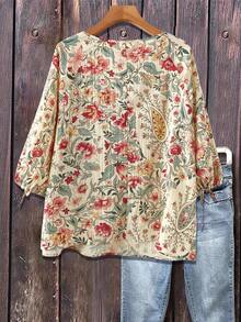 Linhara 大码女式纹理波浪碎花彼得潘领七分灯笼袖蝴蝶结复古休闲度假风衬衫，适合日常、通勤、约会等场合，春夏新品 - 彩色 - 查看 2