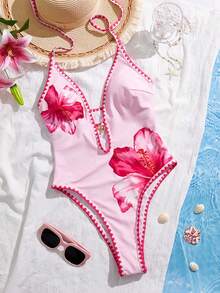 Swim Vcay Summer Beach Vacation Women's Spaghetti Strap Ruffle Trim Printed Ribbed One Piece Swimsuit - Multicolor - View 3