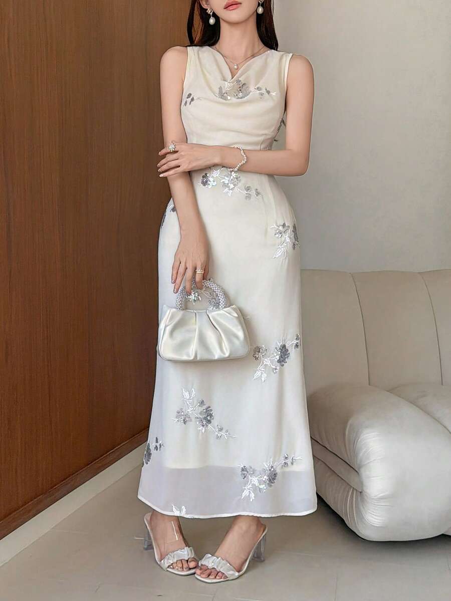 DAZY 女士花卉刺绣亮片装饰优雅收腰中长连衣裙，适合约会、派对、婚礼宾客等场合，夏季吊带裙 - 金色 - 查看 1