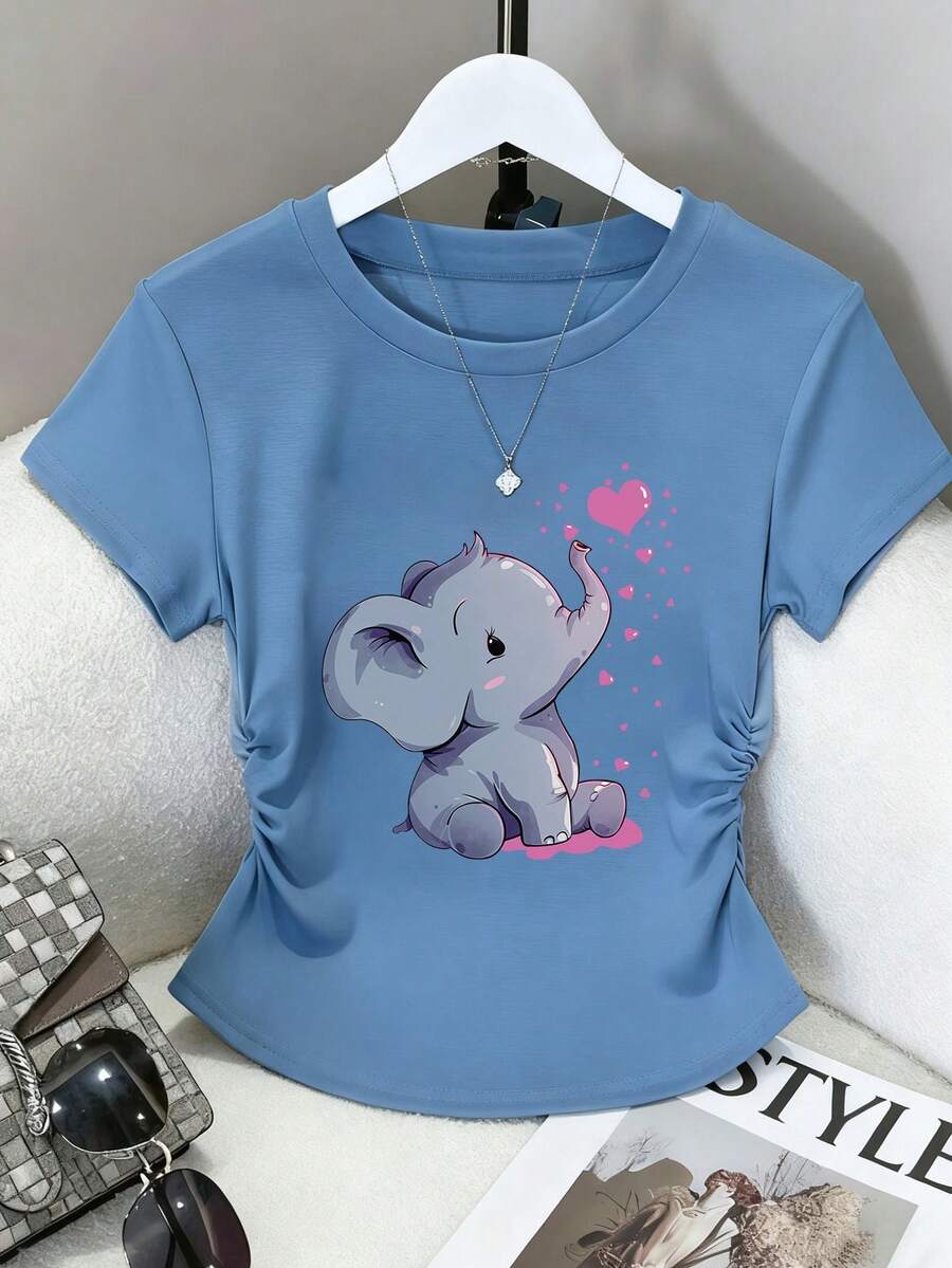 Resyla Women's Casual Outdoor T-Shirt, Summer New Design, Blue Tones, Cute Elephant & Heart Print, Versatile For Dates, Back To School, Teacher's Day - Blue - View 1