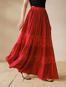 MOTF PREMIUM WOMEN'S CONTRAST LACE RUFFLE HEM SKIRT - Burgundy - View 4