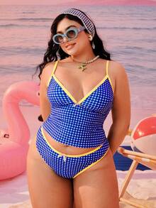 Swim Mod Plus Size Women 2-Piece Random Geometric Square Print Fashion Vacation Casual Slimming Modest Bow Adjustable Thick Strap High Waist High Leg Opening Triangle Bikini Swimsuit 2026 New Backless Tankini Set - Multicolor - View 6