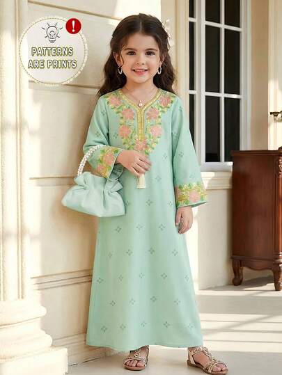 SHEIN Mint Green Floral Kids Jalabiya, Young Girl Casual Comfortable Elegant Flower Pattern Faux Golden Thread Ribbon Print Tassel V-Neck Loose Long Sleeve Maxi Dress, Suitable For Spring/Summer Daily, Festivals