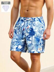 Manfinity Swimmode 男士热带印花抽绳腰带沙滩短裤，夏季 - 藍色 - 查看 3
