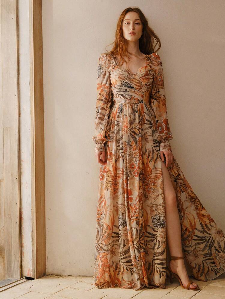 MOTF Soiréza DIAMOND-NECKLINE LONG LANTERN SLEEVE FLOOR-LENGTH CHIFFON PARTY GOWN, FORM-FITTING SILHOUETTE FOR SPRING/AUTUMN