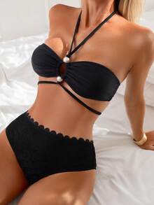 Swim Vcay Women's Sexy Black Lace Floral Trim Triangle Bikini Swimsuit, Beach Wear - Black - View 5