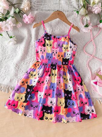 Vestido de tirantes informal con estampado de dibujos animados para niña