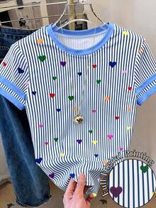 Resyla 女士圆领条纹爱心印花休闲百搭通勤短袖T恤