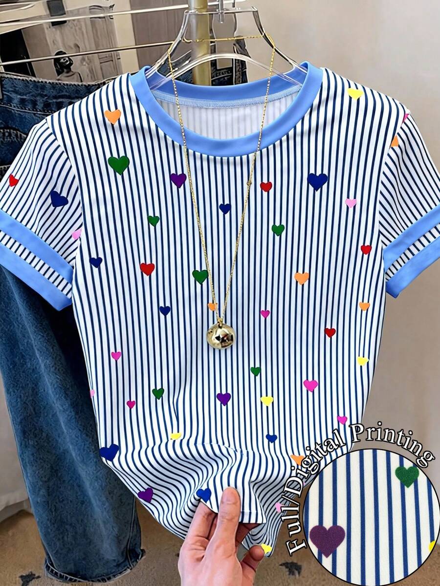 Resyla 女士圆领条纹爱心印花休闲百搭通勤短袖T恤