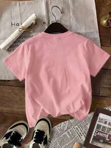 SHEIN 少女休闲复古字母数字徽章图案T恤，运动学院风短袖圆领T恤，适合夏季，基础款，轻松运动风，舒适休闲，字母T恤，休闲舒适，蓝白配色，秋季T恤，简约时尚，经典百搭 - 彩色 - 查看 2