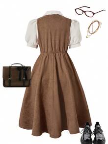 女童彩色拼接背心，荷叶边领口，优雅连体连衣裙，适合生日派对、日常穿着、春夏穿着 - 棕色 - 查看 7