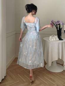 Dazy Tall Đầm dài tay thanh lịch in hoa cổ vuông dành cho nữ dáng cao, đầm mùa hè kiểu dáng nghỉ mát. - Xám Xanh - Xem 2